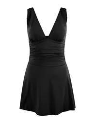 Black V-Neck Covered Regular Skirt Swimsuit - 1