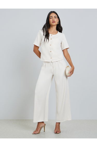 Off-White Short Sleeve Buttoned Top with Pants Co-Ords
