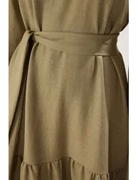 Khaki Belted Linen Look Woven Dress - 3