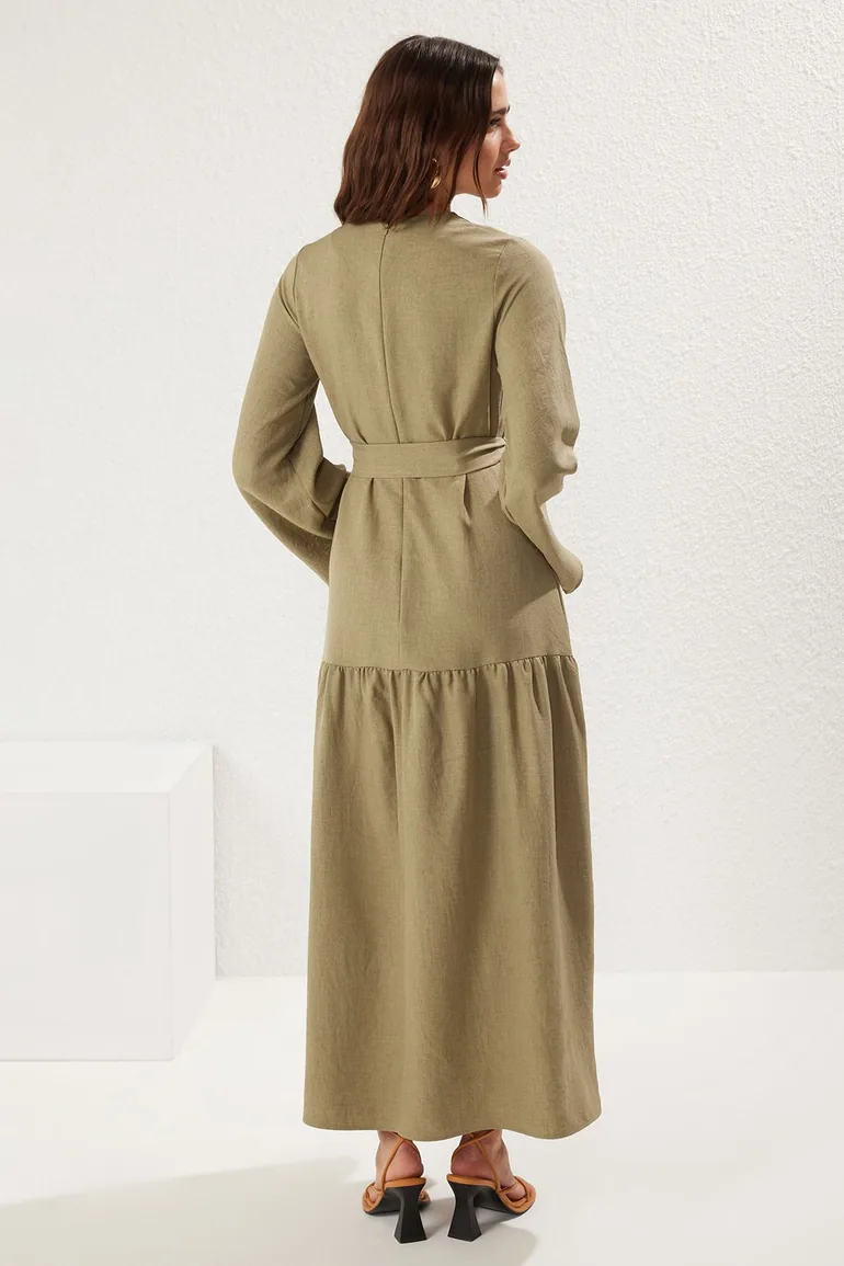 Khaki Belted Linen Look Woven Dress - 4
