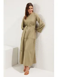 Khaki Belted Linen Look Woven Dress - 1