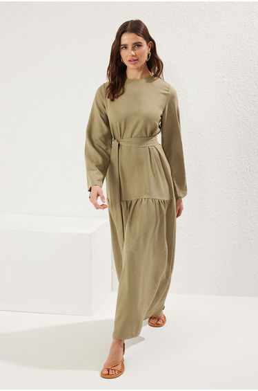 Khaki Belted Linen Look Woven Dress