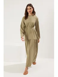 Khaki Belted Linen Look Woven Dress