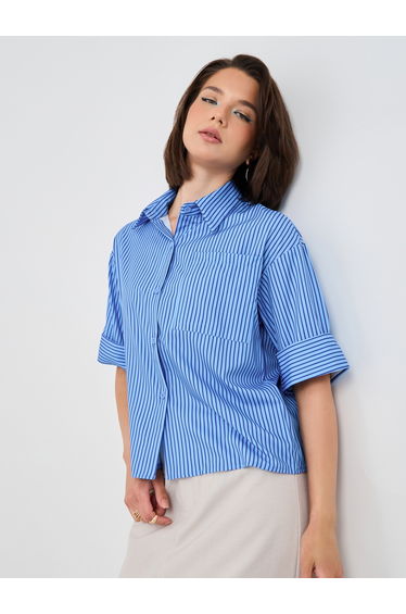 Striped Short Sleeve Spread Collar Shirt