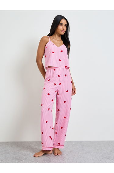 Red Heart Striped Print Cami and Pyjama Set