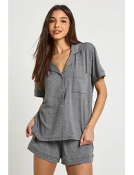 Soft Touch Short Sleeve Shirt & Shorts Pyjama Set - grey marl - 1