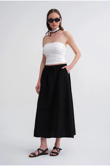 Mixray High-Waisted Poplin Skirt with Drawstring Detail