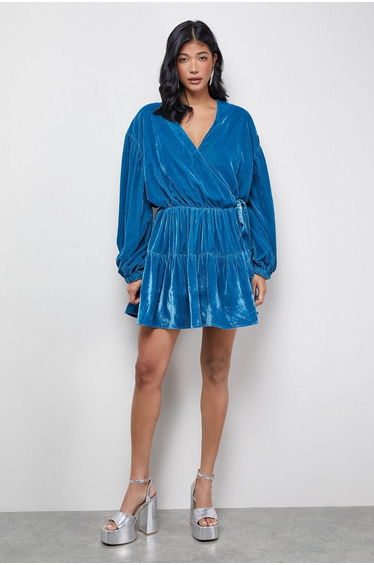 Velvet Wrap Mini Smock Dress