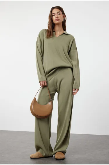 Khaki Polo Neck Knitwear Sweater Trousers Bottom-Top Set