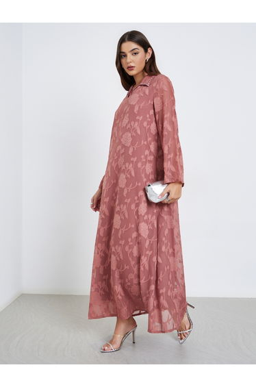 Pink Floral Textured Maxi Jalabiya