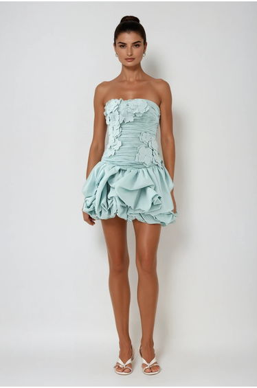 Batsheva Strapless Flower Ruch Puffy Mini Dress