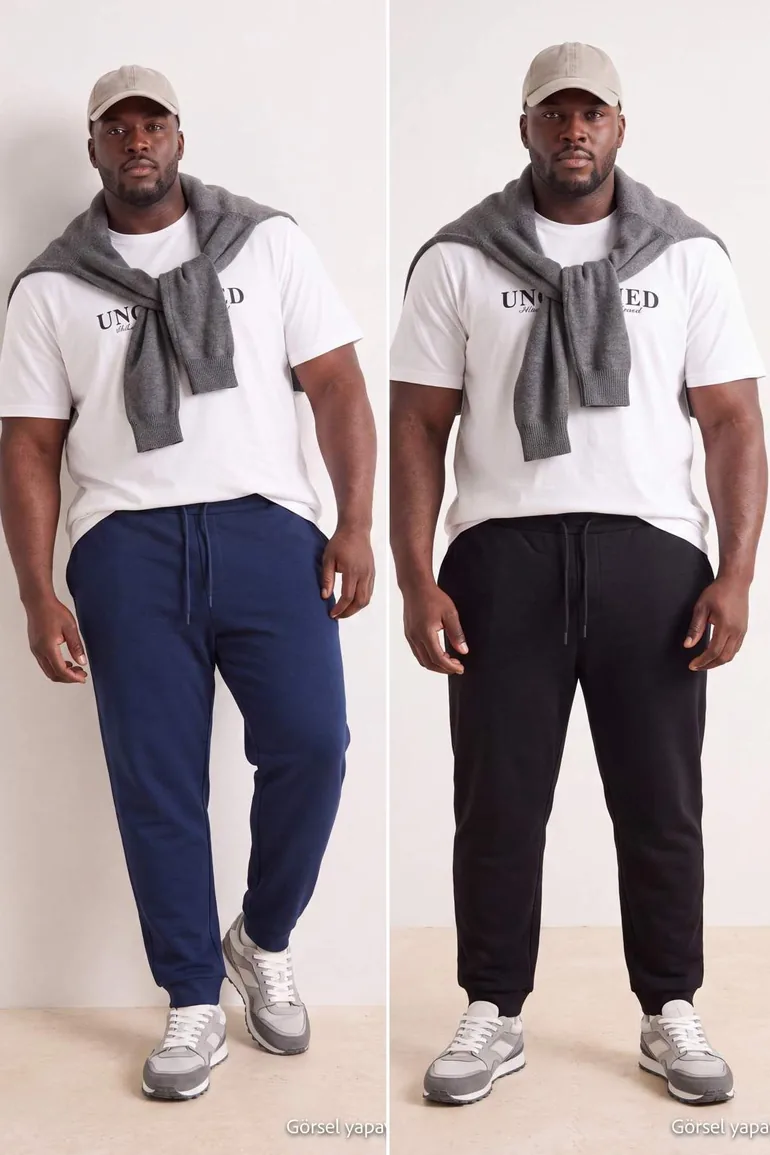 Plus Size Black-Navy Regular Fit Elastic Cuffed Shirred Sweatpants