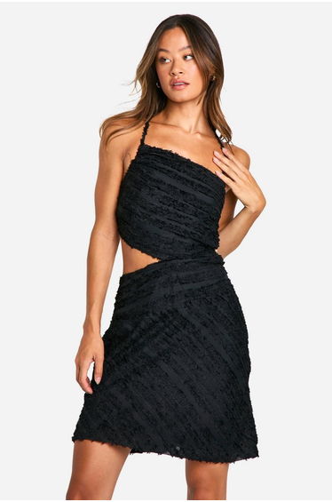 Tall Textured Chiffon Ruffle Mini Dress - black
