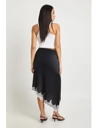 Lace Asymmetric Hem Satin Midi Skirt - black - 1