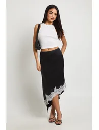 Lace Asymmetric Hem Satin Midi Skirt - black