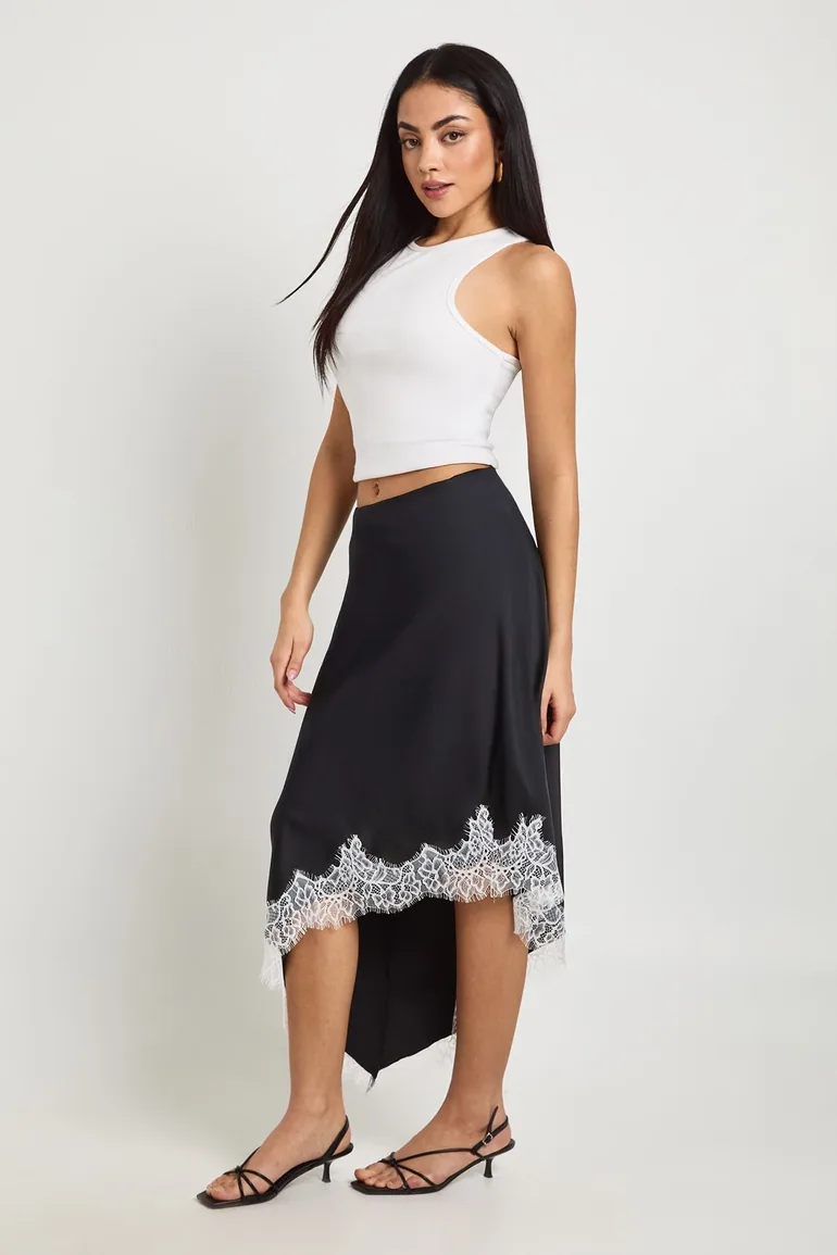Lace Asymmetric Hem Satin Midi Skirt - black - 2