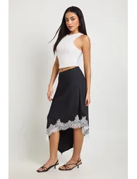Lace Asymmetric Hem Satin Midi Skirt - black - 2