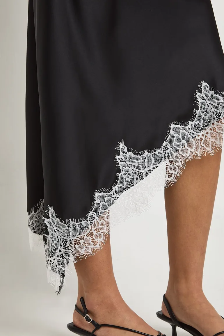 Lace Asymmetric Hem Satin Midi Skirt - black - 3