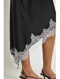 Lace Asymmetric Hem Satin Midi Skirt - black - 3