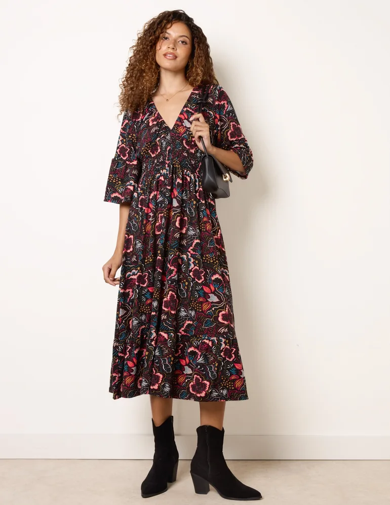 V Neck Elasticated Midi Dress - 1