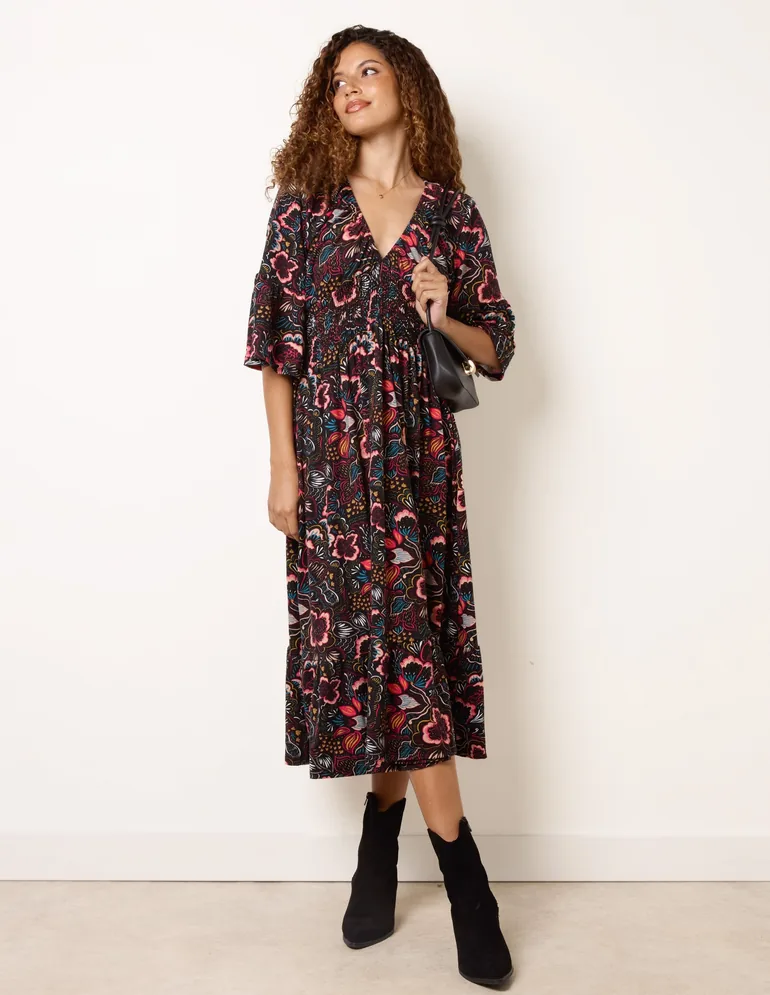 V Neck Elasticated Midi Dress - 3