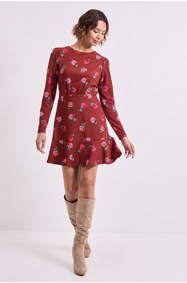 Floral Wrap Skirt Detail Jersey Mini Dress