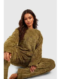 Checkerboard Fleece Jumper And Trouser Set - green - 3