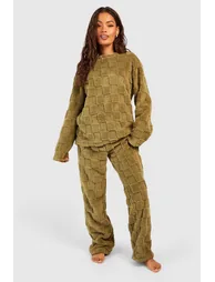 Checkerboard Fleece Jumper And Trouser Set - green - 2
