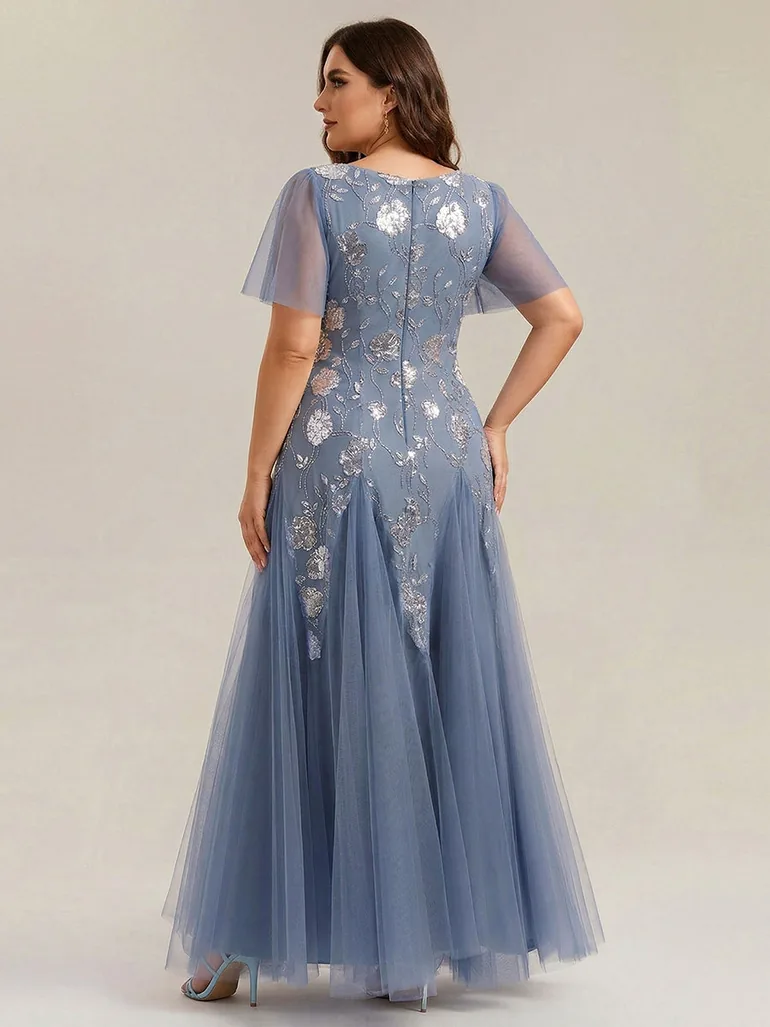 ever ORLA|Floral Embroidered Sequin Ruffle Sleeve Tulle Evening Dress - 6