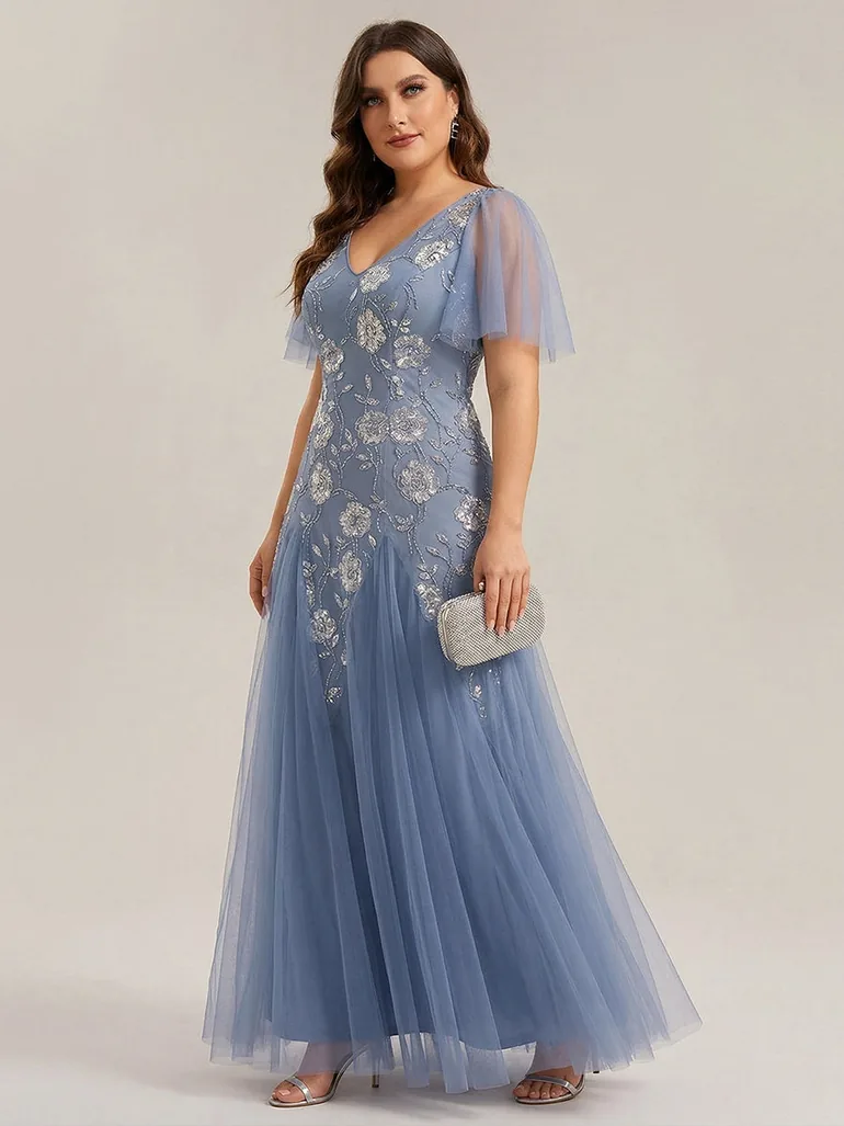 ever ORLA|Floral Embroidered Sequin Ruffle Sleeve Tulle Evening Dress - 8