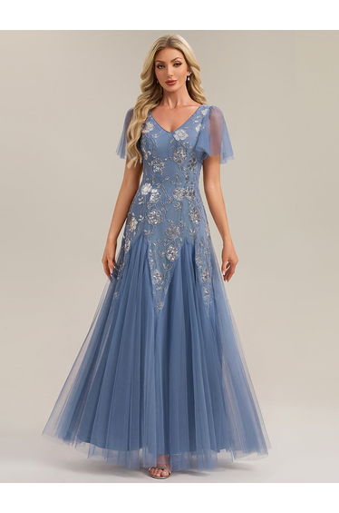 ever ORLA|Floral Embroidered Sequin Ruffle Sleeve Tulle Evening Dress