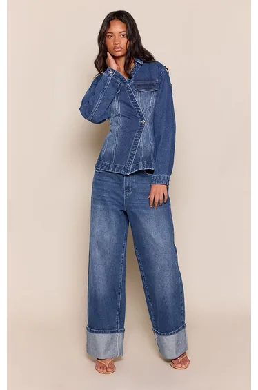 Dark Blue Mid Rise Turn Up Jean