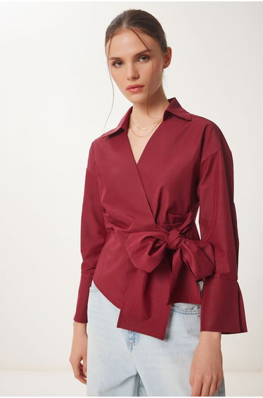 Women's Burgundy Shirt Collar Wrap Poplin Blouse