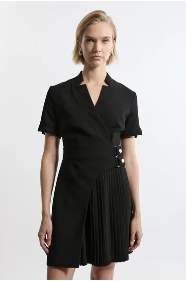 Tailored Crepe Military Pleat Notch Neck Wrap Mini Dress