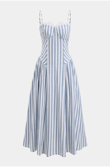 Stripes Print Lace Trim Patchwork Sleeveless Maxi Dress