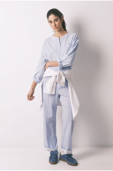 Blue striped 100% cotton long trousers