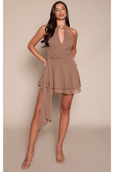 Taupe Chiffon Ring Detail Dress