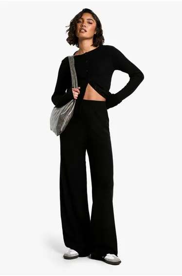 Tall Brushed Cardigan and Wide Leg Co-ord - black