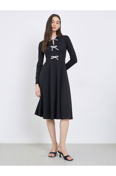 Solid Bow Detail Long Sleeve Midi Dress
