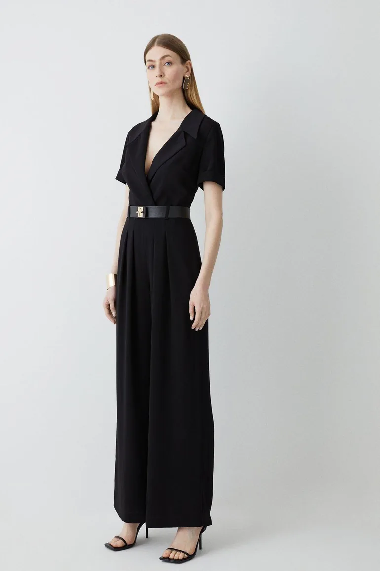 Soft Tailored Belted Pleat Wide Leg Jumpsuit - 2