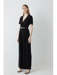 Soft Tailored Belted Pleat Wide Leg Jumpsuit - 2