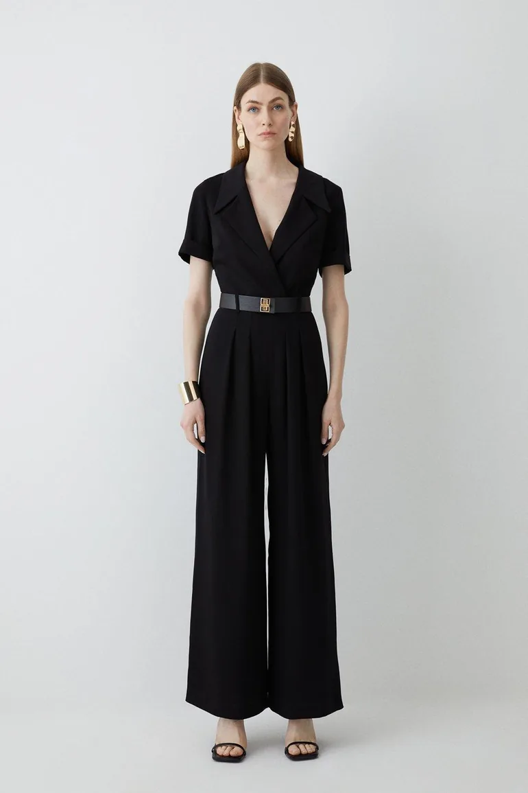 Soft Tailored Belted Pleat Wide Leg Jumpsuit
