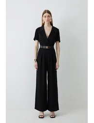 Soft Tailored Belted Pleat Wide Leg Jumpsuit