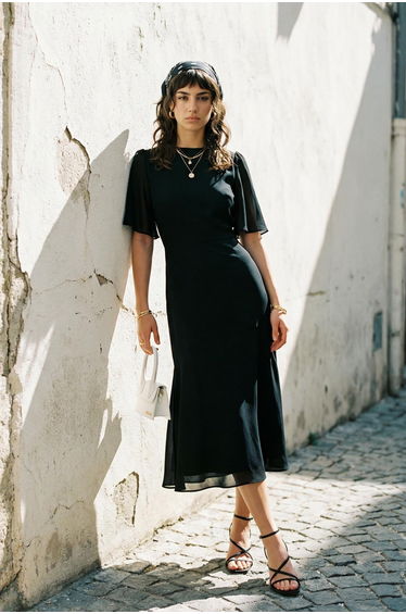 Black Chiffon A-Line Midi Smock Dress