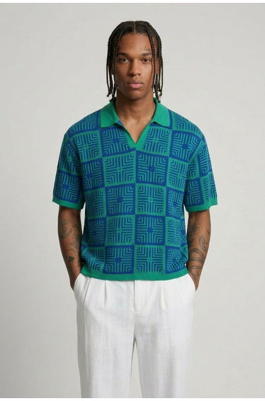 Oversized Boxy Crochet Tapestry Knitted Polo - green