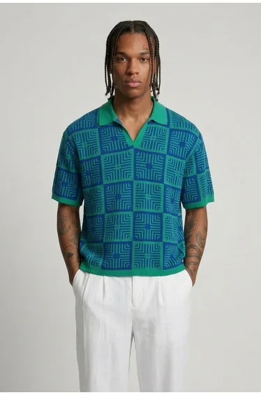 Oversized Boxy Crochet Tapestry Knitted Polo - green