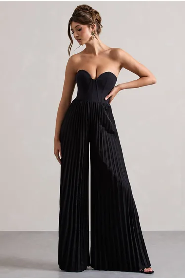 جمبسوت بليسية بتفصيلة كورسية بأرجل عريضة - أسود