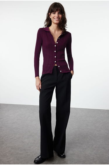 Plum Soft Textured Polo Neck Knitwear Cardigan