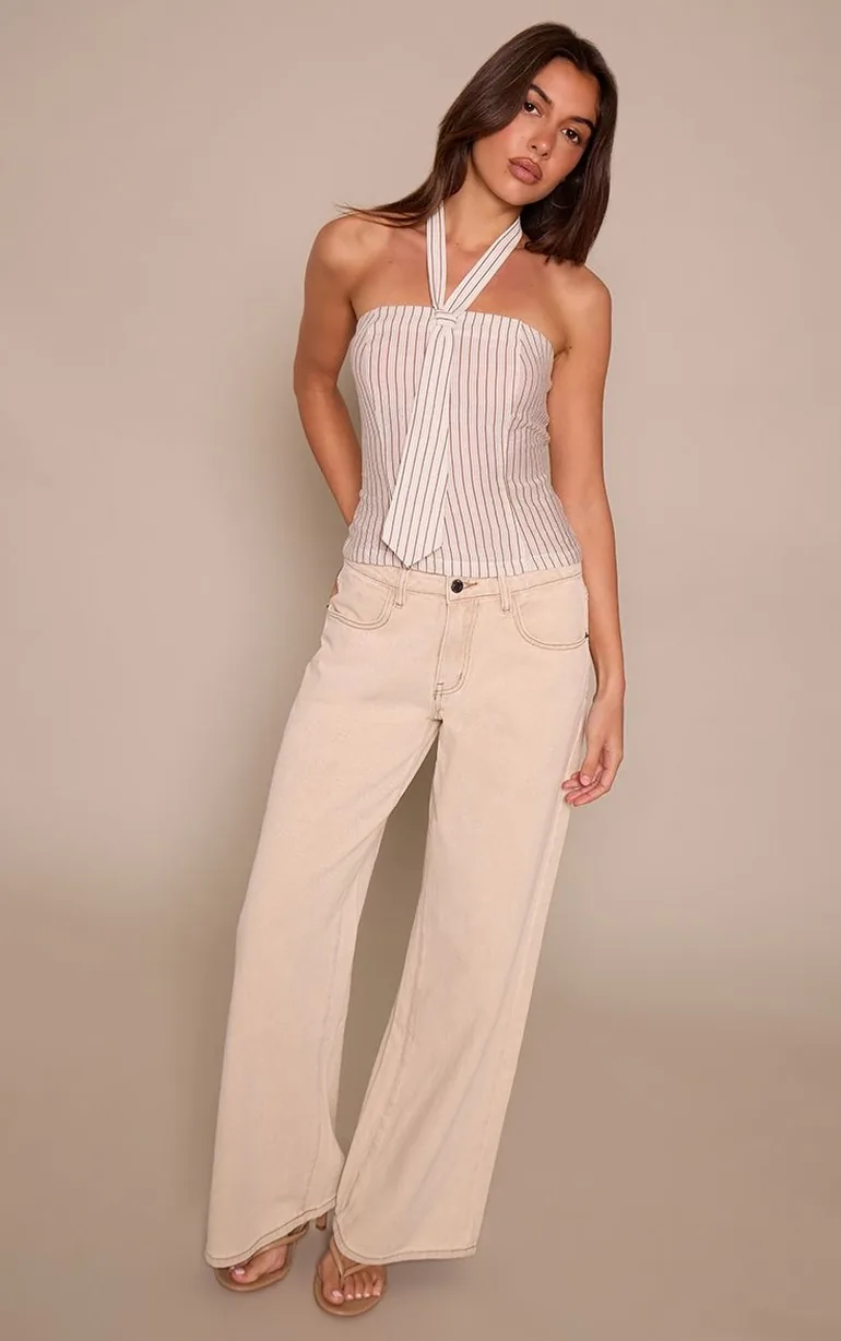Brown Stripe Woven Tie Detail Bandeau Top