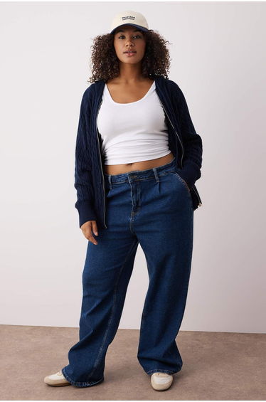 Navy Blue Hooded Zippered Knitwear Cardigan